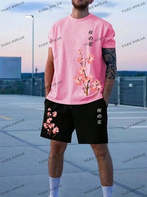 Emrg Erkek Harfli ve Çiçek Desenli Kısa Kollu Tişört ve Şort Takım