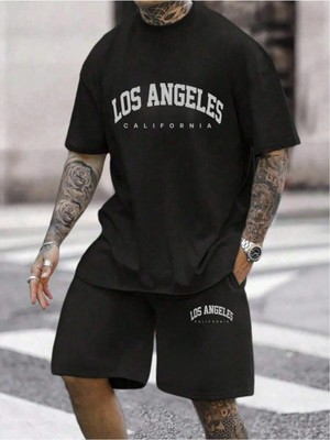 Erkek Rahat Yaz Takımı - Kısa Kollu Harf ve Grafik Baskı No Tişört ve Şort Takımı