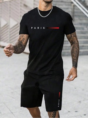 Erkek Rahat Yaz Takımı - Kısa Kollu Harf ve Grafik Baskı No Tişört ve Şort Takımı