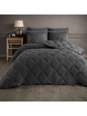 Meine Home Antrasit Welsoft Kumaş Çift Taraflı Jakarlı Silikon Yorgan Takmı - 195X215 cm 4 Parça