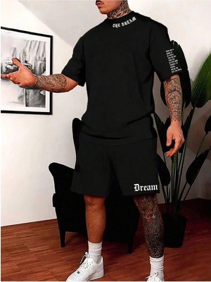 Manfinity Homme Erkek Günlük Slogan Harf Grafik Kısa Kollu Tişört ve Şort Takımı