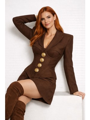 GILLA'S QUEEN Kadın Kahverengi Göğüs Kuplu Business Tasarım Formal Ceket Elbise