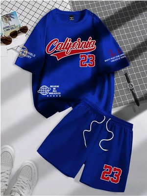 Manfinity Hypemode Erkek Günlük Slogan Baskılı Kısa Kollu Tişört ve Şort Takımı