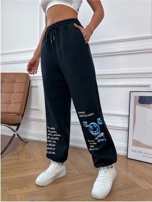 Adrift & Cartoon Graphic Drawstring Waist 4 Mevsim Eşofman