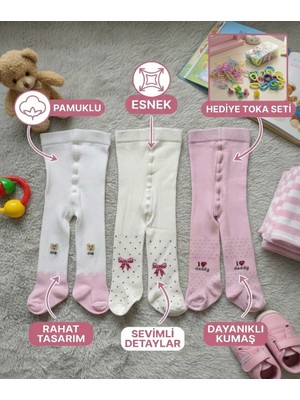 Senihan Kız Bebek Çocuk 3'lü Pamuklu Esnek Külotlu Çorap Seti + Hediye Toka Seti