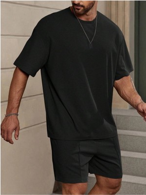 Manfinity Homme Loose Fit Erkek Düz Renk Düşük Omuz Tişört ve Şort Takımı
