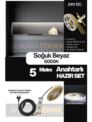 Mutfak Tezgah Altı Cob Şerit LED Anahtarlı 24 Volt 5 Metre 6000K Soğuk Beyaz