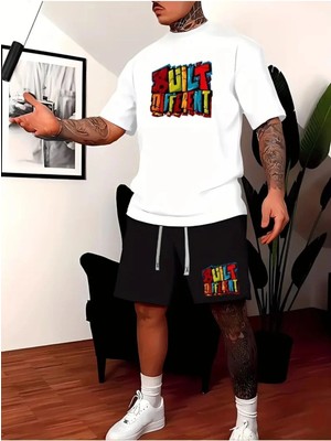 StartMore Erkek Beyaz''renkli Built Different Baskılı'' Basic Oversize T-Shirt- Şort Takım STRUP0000000000014