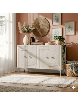 Yumedi Design KA1209BTS - Kanel Konsol ,tv Sehpası , Çok Amaçlı Dolap, Kahve Köşesi 120CM Beyaz-Traverten-Silver