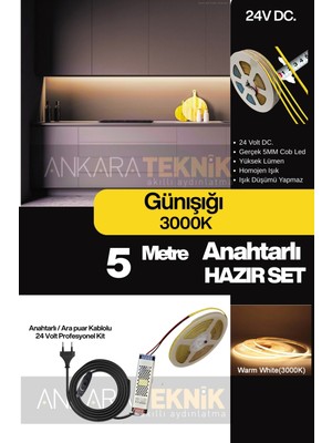 Mutfak Tezgah Altı Cob Şerit LED Anahtarlı 24 Volt 5 Metre 3000K Günışığı