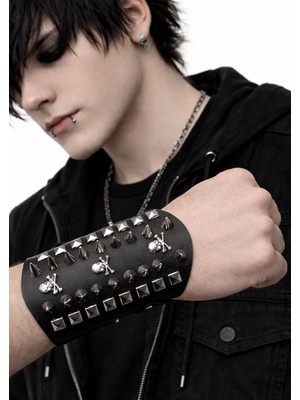 Metal Giyim Piramit Spike Kurukafa Detaylı Bileklik