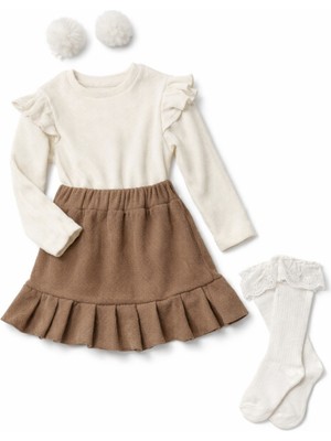 Özge Başaran Kız Çocuk Ekru Uzun Kollu Fırfırlı Badi Kahverengi Etek Dantelli Çorap ve Ponpon Bant Takımı