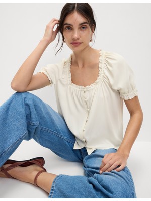 Marks & Spencer Düğmeli Kare Yaka Balon Kollu Bluz