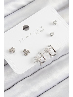 Pirinç Zirkon Taşlı Kutup Yıldızı Model Gümüş Renk 925 Ayar Gümüş Çivi Kadın Küpe Set - Lisinya