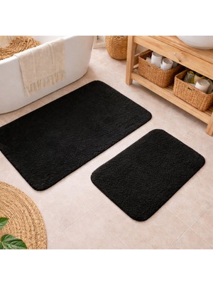 Meine Home Puffy Dokulu Siyah Banyo Paspası Seti – 2’li