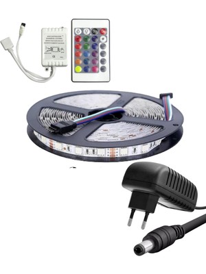 Powerr Led Aydınlatma 5 Metre 12V 60 Ledli Rgb Dış Mekan Silikonlu Şerit LED 3A Plastik Adaptör 24 Tuşlu Ir LED Kontrol Üniteli Set