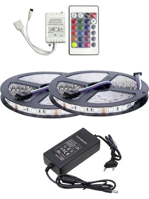 Powerr Led Aydınlatma 10 Metre 12V 60 Ledli Rgb Dış Mekan Silikonlu Şerit LED 5A Plastik Adaptör 24 Tuşlu Ir LED Kontrol Üniteli Set