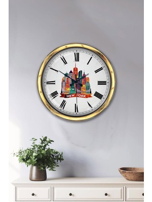 Kasva Concept Ofis Dekoratif 40 cm Gold Metal New York Temalı Duvar Saati