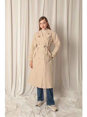 End Black Store Torino Kumaş Broşlu Maxi Boy Taş Kadın Trençkot