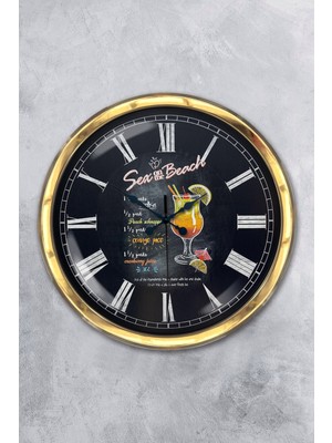 Kasva Concept Hediye 40 cm Gold Metal Cafe Içecek Duvar Saati Clock