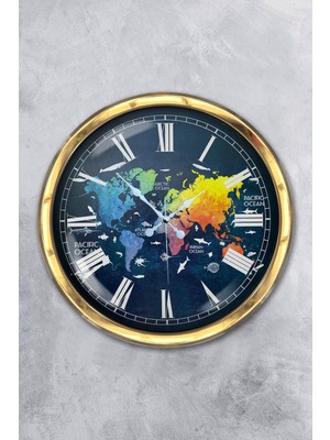 Kasva Concept Hediyelik 40 cm Gold Metal Renk Dünya Haritası Duvar Saati