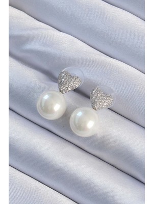 Asel Aksesuarcı Pirinç Gümüş Renk Zirkon Taşlı Kalp Model Inci Tasarım Kadın Küpe