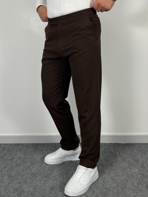 Erkek Havanna Modern Gizli Düğmeli Beli Lastikli Regular Kalıp Kumaş Pantolon - Kahverengi