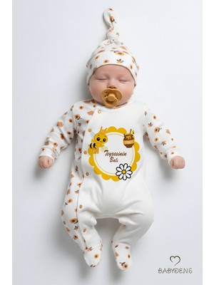 Babyden's Teyzesinin Balı Yazılı Yenidoğan Bebek Tulumu Şapka Seti Arı Desenli %100 Pamuk Çıtçıtlı Bebek Tulum