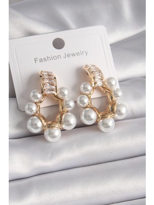 Asel Aksesuarcı Pirinç Gold Renk Zirkon Taşlı Su Yolu Incili Halka Model Kadın Küpe