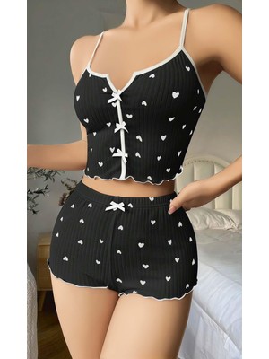 Intive Lingerie Kadın Siyah Kalp Desenli Askılı Şortlu Pijama Takım 5008