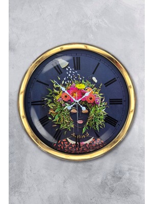 Kasva Concept Hediyelik 40 cm Gold Metal Flowers Gül Duvar Saati Clock