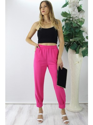 End Black Store Krinkıl Kumaş Paça Pensli Kadın Pantolon Fuşya