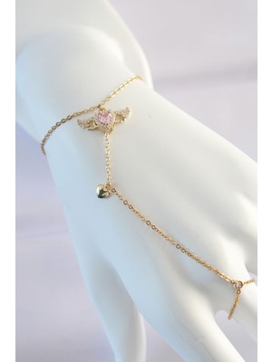 Asel Aksesuarcı 316L Çelik Gold Renk Pembe Zirkon Taşlı Kanatlı Kalp Model Şahmeran
