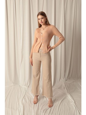 End Black Store Denim Kumaş Paçası Püsküllü Salaş Bej Kadın Pantolon