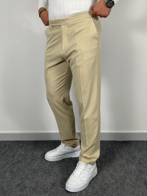 Erkek Havanna Modern Gizli Düğmeli Beli Lastikli Regular Kalıp Kumaş Pantolon - Krem