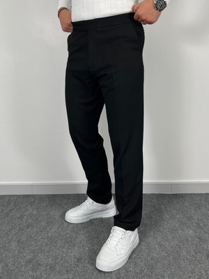 Erkek Havanna Modern Gizli Düğmeli Beli Lastikli Regular Kalıp Kumaş Pantolon - Siyah