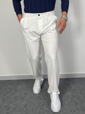 Erkek Havanna Modern Baggy Kalıp Beli Lastikli Kumaş Pantolon -Beyaz