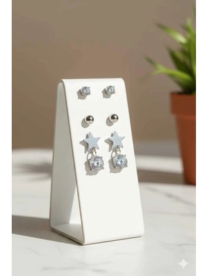 Stainless Steel Çelik Zirkon Taşlı Yıldız -Top Gümüş Küpe