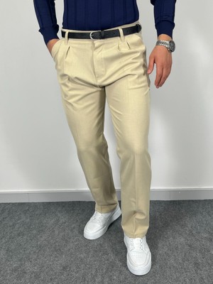 Erkek Havanna Modern Baggy Kalıp Beli Lastikli Kumaş Pantolon -Krem