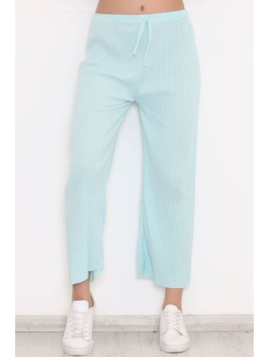 End Black Store Fitilli Örme Pamuk Su Yeşili Kadın Pantolon