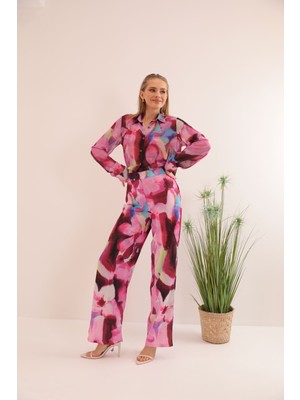 End Black Store Saten Kumaş Sulu Boya Efektli Çiçek Desenli Fuşya Kadın Pantolon