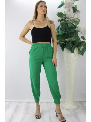 End Black Store Krinkıl Kumaş Paça Pensli Kadın Pantolon Yeşil