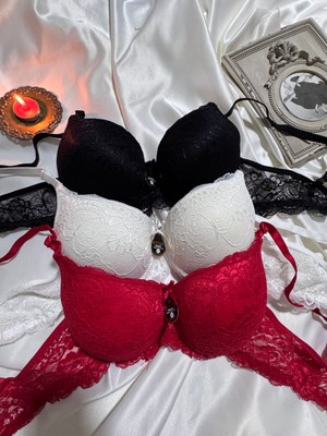 Trend Dokunuş Kadın 3'lü Destekli Dantelli Kırmızı-Siyah-Ekru Sütyen Takımı