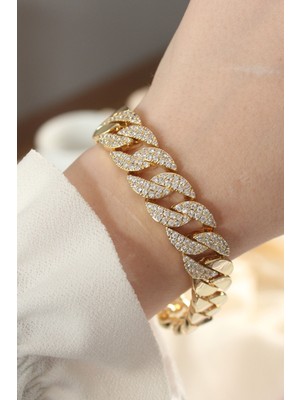 Asel Aksesuarcı Vip Seri Pirinç Ortası Zirkon Taşlı Gold Renk Gurmet Bileklik