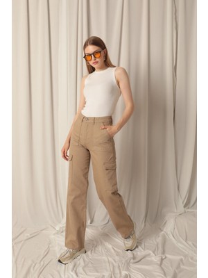 End Black Store Denim Kumaş Kargo Cepli Bej Kadın Pantolon