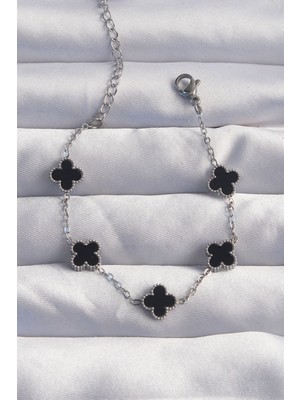 Asel Aksesuarcı 316L Çelik Baby Boy Gümüş Renk Siyah Mineli Yonca Bileklik