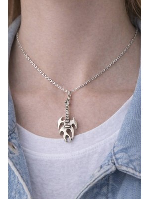 Herşey Nota Alev Detaylı Gitar Figürlü Gümüş Renk Metal Tasarım Unisex Günlük Kolye