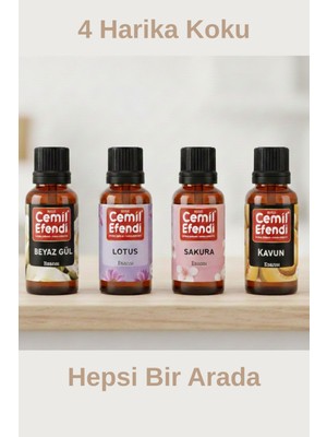 Cemil Efendi Beyaz Gül - Lotus - Sakura - Kavun 10 ml Tütsü ve Buhurdanlık Uçucu Oda Koku Yağı Parfüm Esansı
