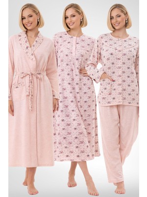 Mecit Pijama Mecit 6319 Pudra Büyük Beden Kadın Sabahlık Pijama Gecelik Set
