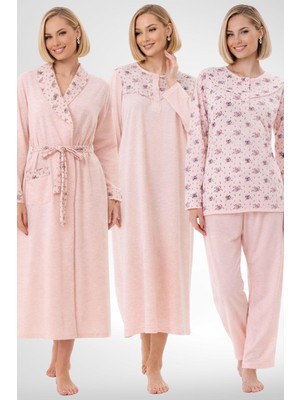 Mecit Pijama Mecit 6320 Pudra Büyük Beden Kadın Sabahlık Pijama Gecelik Set